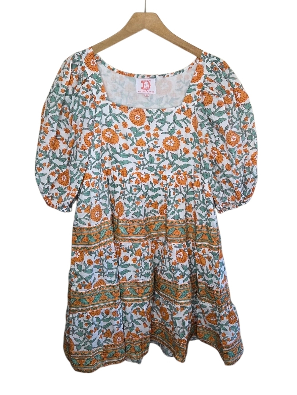 Victoria Dunn Orange Floral Puff Sleeve Babydoll Mini Dress Size XS Cottagecore